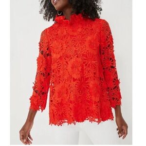 NWT Tuckernuck Red Guipure Lace Faye Bow Blouse 3/4 Sleeves Stand Collar Sz XS
